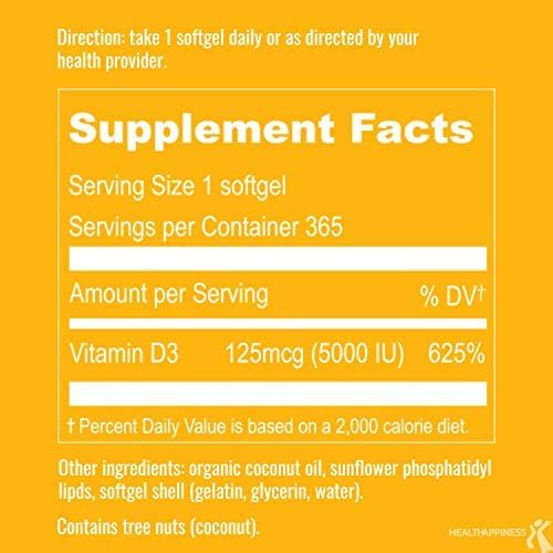 UpNourish Liposomal Vitamin D3 5000 IU Softgels - 1 Year Supply | Organic Coconut Oil Infused Vitamin D Supplements - Support Bone, Dental, Heart, Mood & Immune Health - Non GMO Gluten Free - 365 ct