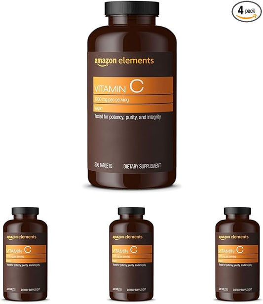 Amazon Elements Vitamin C 1000mg, Supports Healthy Immune System, Vegan, 300 Tablets, 10 Month Supply (Pack of 4)
