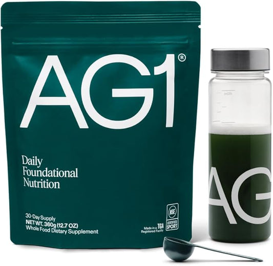 AG1 Greens Powder Supplement | Improve Gut Health | Multivitamin, Probiotic, Gluten Free, Vegan and Keto Friendly | Shaker & Scoop Included | 75 Vitamins (Athletic Greens), Classic Formula