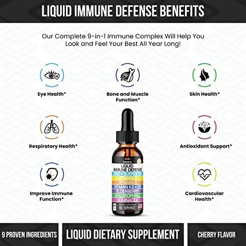 Zinc Quercetin Vitamin C D3 Liquid Immune Support with Vitamin A K2 Echinacea Chlorophyll and Elderberry - 9in1 Immune Defense Drops Complex for Immunity Health Respiratory Health - 60 Servings