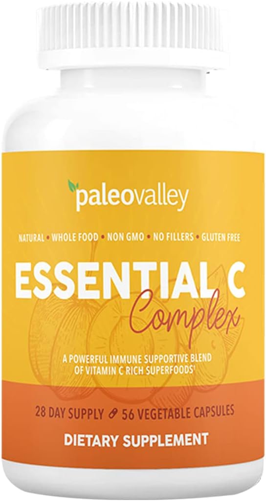 Paleovalley Essential C Complex - Vitamin C Supplement for Immune Support - 1 Pack, 450mg - Organic Superfoods Unripe Acerola Cherry, Camu Camu, Amla Berry - No Synthetic Ascorbic Acid - USA Made