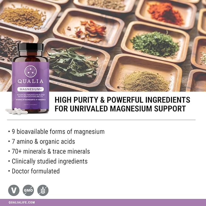 Qualia Magnesium+ | Doctor-Formulated. Premium Formula | High Bioavailability | 10 Forms of Magnesium & 70+ Minerals | Relaxed Mood, restful Sleep, & Exercise Recovery