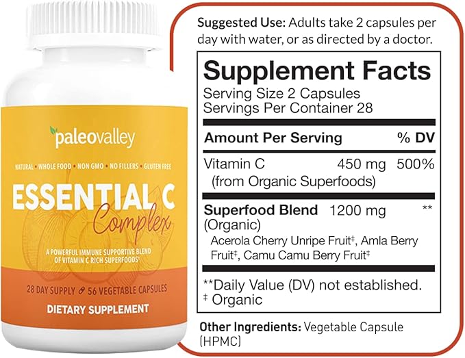 Paleovalley Essential C Complex - Vitamin C Supplement for Immune Support - 1 Pack, 450mg - Organic Superfoods Unripe Acerola Cherry, Camu Camu, Amla Berry - No Synthetic Ascorbic Acid - USA Made