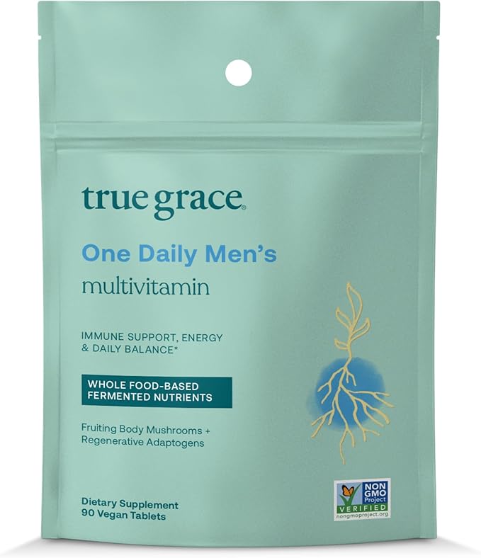 True Grace One Daily Men’s Multivitamin Fermented Minerals, Organic Adaptogens & Mushrooms Whole Body Balance Immune, Endurance, Bone & Heart Support - Non-GMO, Gluten Free - 90 Vegan Tablets