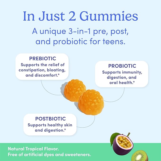FIRST DAY Teens’ Gut Sustainer Tribiotic Gummies – 3-in-1 Prebiotic, Probiotic & Postbiotic Supplement – Supports Digestive, Skin, Oral & Immune Health, Nutrient Absorption & Growth – 60-Day Supply