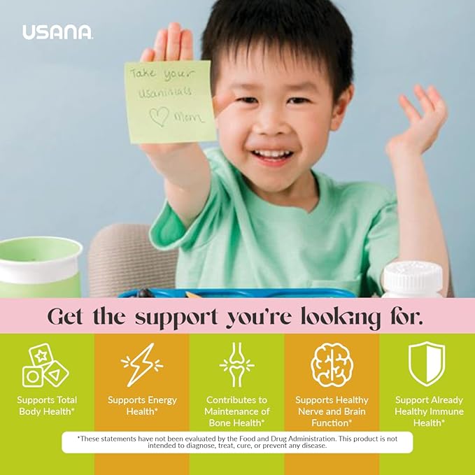 USANA Usanimals Multivitamin for Kids - Daily Chewable Tablets with Vitamins A, C, D, E, B6, B12, Zinc, Iron - Supports Immune, Bone & Brain Health - Essential Nutrients for Ages 2-12 - 56 Tablets