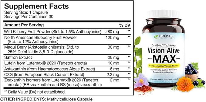 Vision Alive Max with 8 Natural Ingredients Lutemax® 2020, Bilberries, Blueberries, c3g from Black Currant, Maqui Berry, Saffron, and Astaxanthin (30 Count (Pack of 2))