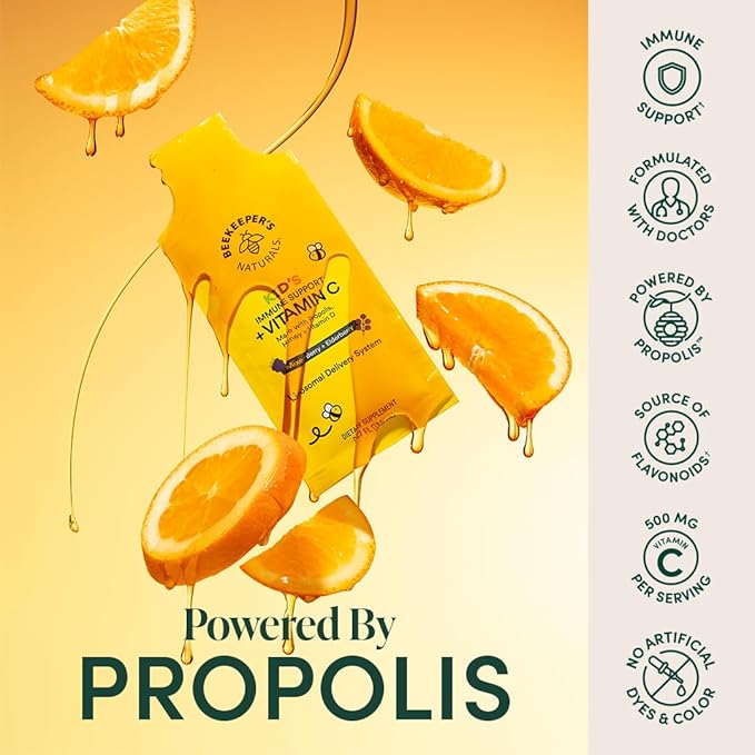 Beekeeper's Naturals Kid's Immune Liposomal Vitamin C, 500 mg Vitamin C, Elderberry, Vitamin D, Propolis & Honey, Kid-Friendly Immune Support - Mixed Berry Flavor, Easy to Use, Bioavailable, 30 Ct