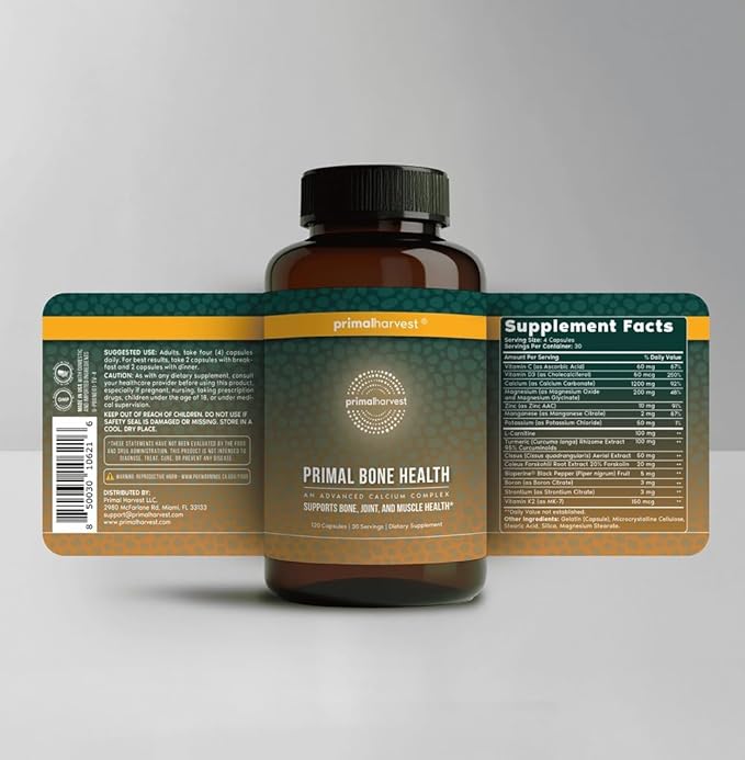 Primal Harvest 2 Pack, Primal Bone Health Calcium Carbonate Bone Health Complex for Men & Women with Calcium, Magnesium, Zinc, Manganese, Potassium, & L-Carnitine (240 Capsules)