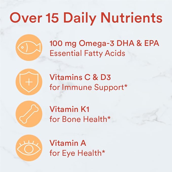 SmartyPants Kids Multivitamin Gummies: Omega 3 Fish Oil (EPA/DHA), Vitamin D3, C, Vitamin B12, B6, A, K & Zinc for Immune Support, Biotin, Gluten Free, Three Fruit Flavors, 120 Count (30 Day Supply)