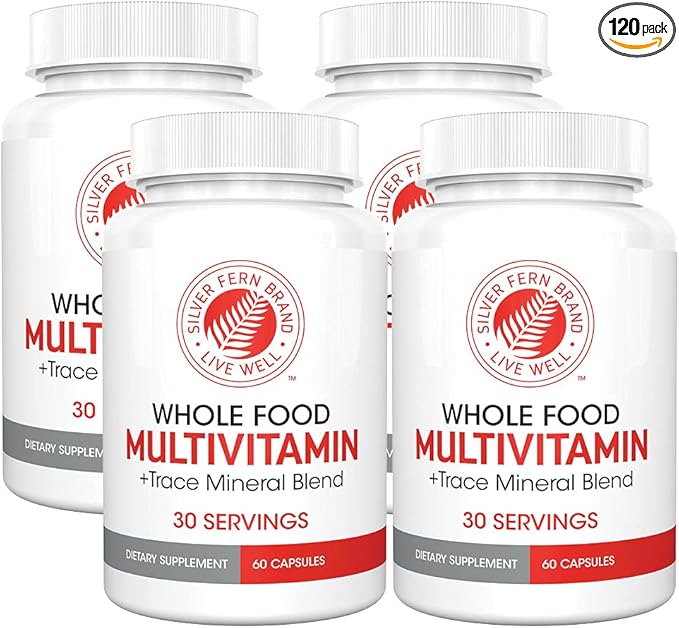 Silver Fern Whole Food Daily Multi Vitamin w/Trace Mineral Blend Supplement - 4 Bottles - 60 Vegicaps Each - 120 Day Supply - Natural, Non-GMO, Vegan, Multivitamin - Zero Synthetics