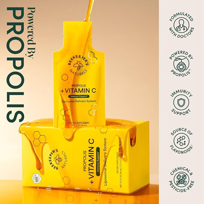 Propolis Liposomal Vitamin C by Beekeeper's Naturals, 1000mg Vitamin C, Propolis & Organic Honey, Supercharged Immune Support & Increased Bioavailibity for Max Absorption, 12 Ct