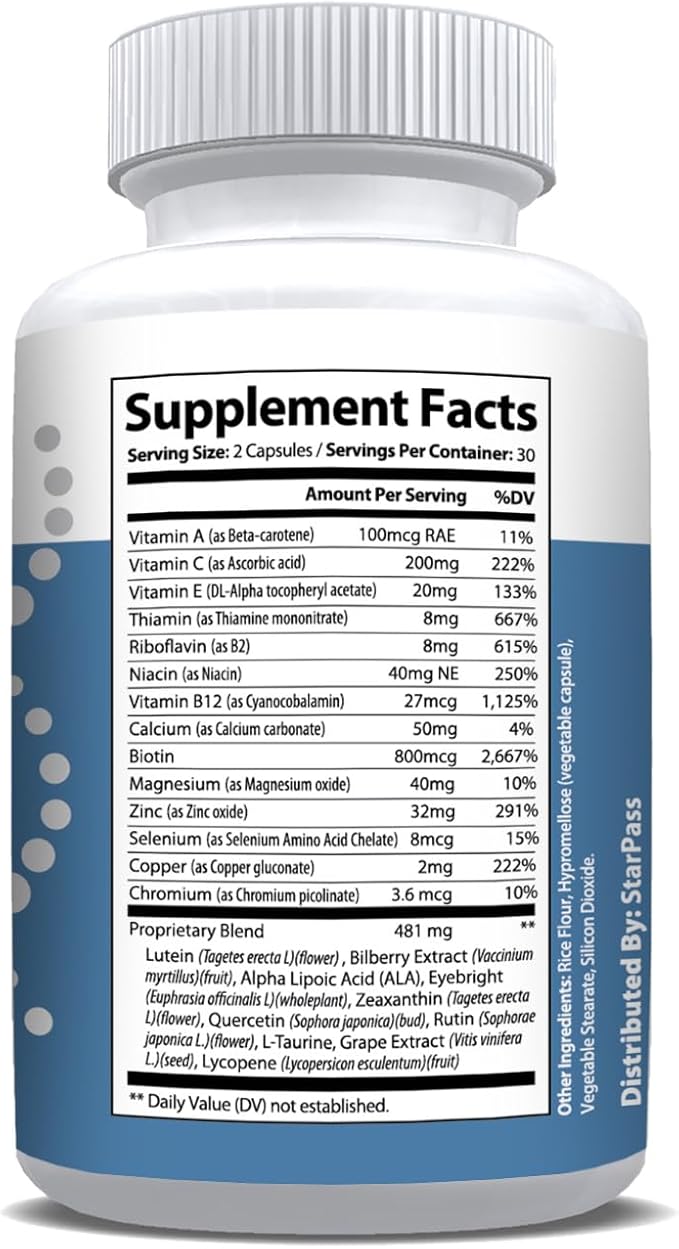 #1 Complete Research Vision Formula Advanced Eye Health Vitamin & Mineral Supplements for Adults w/Bilberry, Lutein, Zeaxanthin, Lycopene, Resveratrol | Supports Eye Strain, Dry Eyes 60 Capsules