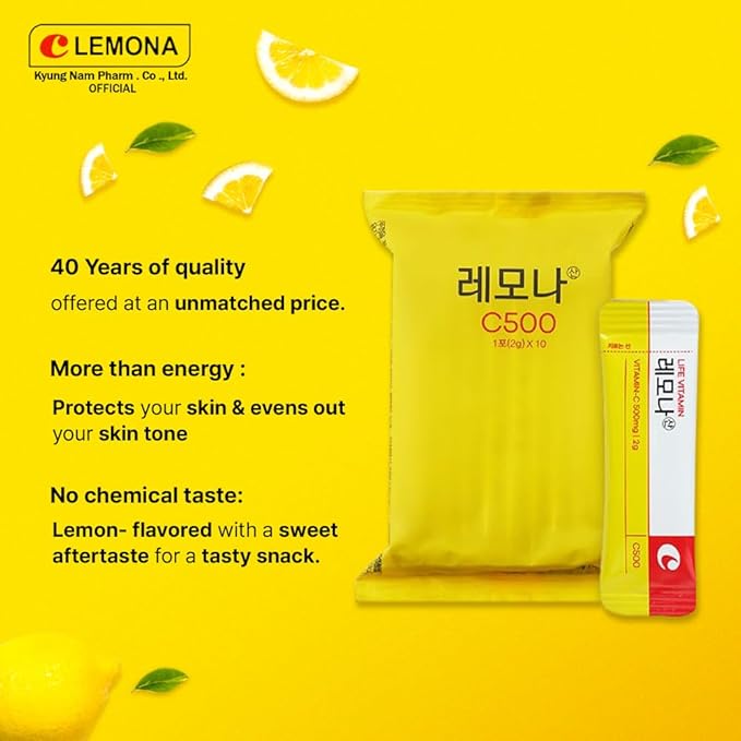 LEMONA Official Vitamin C Powder 500mg Korean Supplements Immune Support B6, B2, On-The-Go Packets Vitamin Healthy Living, Easy to Take Daily Energy Boost Korean Food Snacks Lemon (120Sticks)