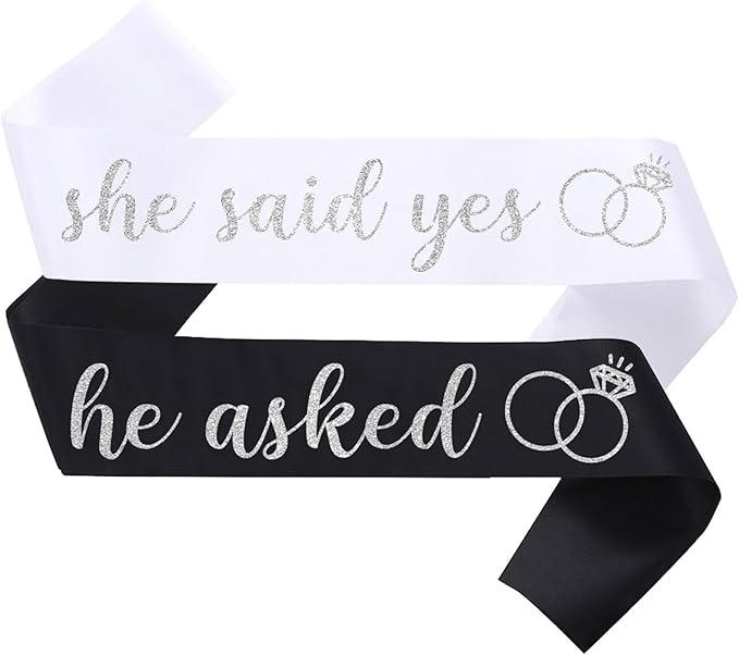 2 Pcs She Said Yes and He Asked Sashes Bride to Be Sash Groom to Be Sash for Wedding Engagement Bachelorette Bridal Shower Party Decorations,White Silver