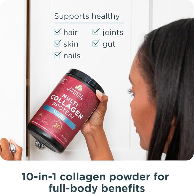 Ancient Nutrition Collagen Peptides Powder, Multi Collagen Protein, Women & Men, Vitamin C, Probiotics, Hydrolyzed Collagen, Supports Skin, Joints, Gut Health, Vanilla, 60 Servings
