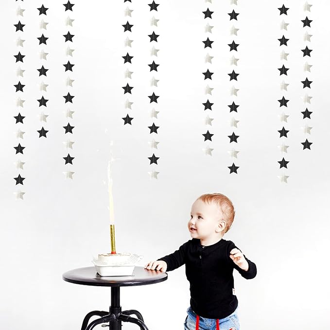 Black-Silver Birthday Graduation Party-Decorations Garland - 62ft Glitter Twinkle Little Star Hanging Streamers Banner Decor,Bachelorette Wedding Baby Bridal Shower New Years Supplies Backdrop Hugtmr