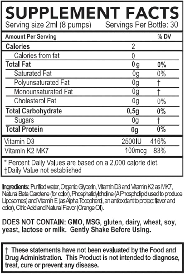 Vitamin D3 with K2 Liquid Supplement, Vegan, Micelle Liposomal Enhanced Absorption, Non-GMO, 30 Day Supply