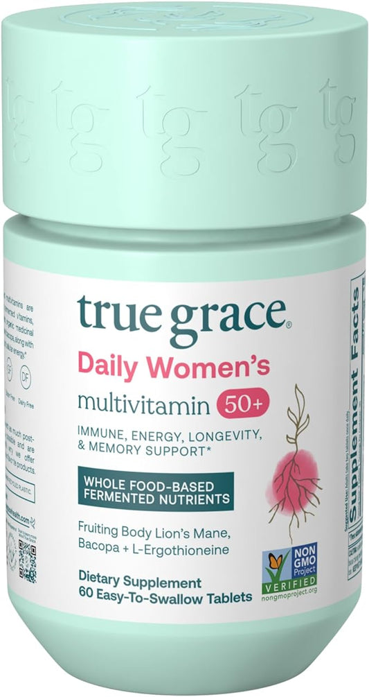 True Grace Daily Women’s Multivitamin 50+ - 60 Easy-to-Swallow Tablets - Immune, Energy, Longevity & Memory Support - Vegan - Gluten, Soy & Iron Free - 30 Servings