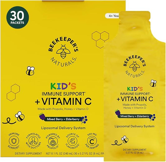 Beekeeper's Naturals Kid's Immune Liposomal Vitamin C, 500 mg Vitamin C, Elderberry, Vitamin D, Propolis & Honey, Kid-Friendly Immune Support - Mixed Berry Flavor, Easy to Use, Bioavailable, 30 Ct