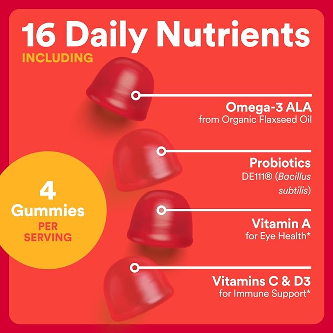 SmartyPants Organic Kids Multivitamin Gummies: Probiotics, Omega 3 (ALA), Vitamin D3, C, Vitamin B12, B6, A, K & Zinc for Immune Support, Biotin, Three Fruit Flavors, 120 Count (30 Day Supply)