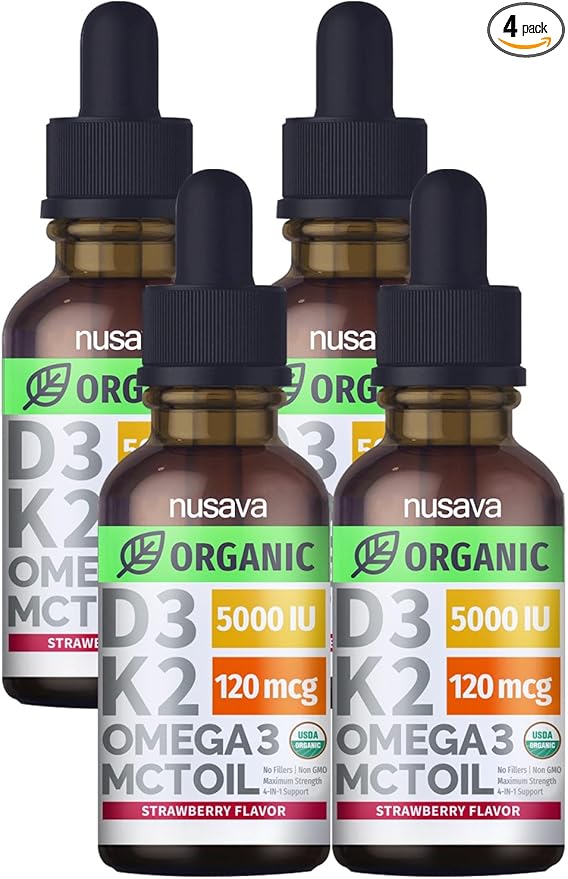 (4 Pack) Organic Vitamin D3 K2 Drops with MCT Oil Omega 3, 5000 IU - Maximum Strength Vitamin D Liquid, No Fillers, Non-GMO Liquid D3 for Faster Absorption and Immune Support (Strawberry, 4 Fl Oz)