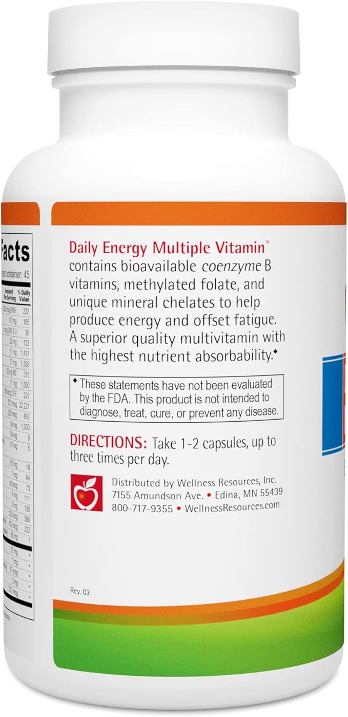 Wellness Resources Daily Energy Multiple Vitamin - 90 Capsules - Methylated Daily MTHFR Multivitamin Without Iron - Vitamin B12, Folate, & Bioavailable B Vitamins - Best Supplement for Energy & Mood
