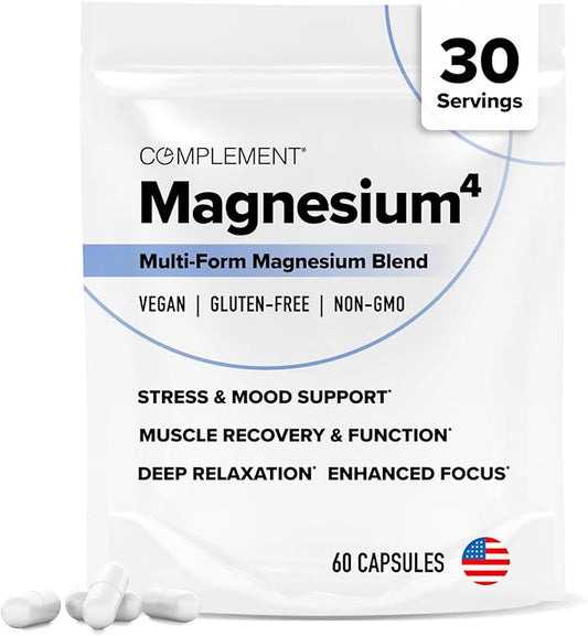 Complement Magnesium- 4 Bioavailable Forms for Relaxation, Sleep, Muscle Recovery, Stress & Mood Support- Magnesium Malate, Taurate, Bisglycinate & Orotate- Gentle on stomach- 200mg, 60 Vegan Capsules