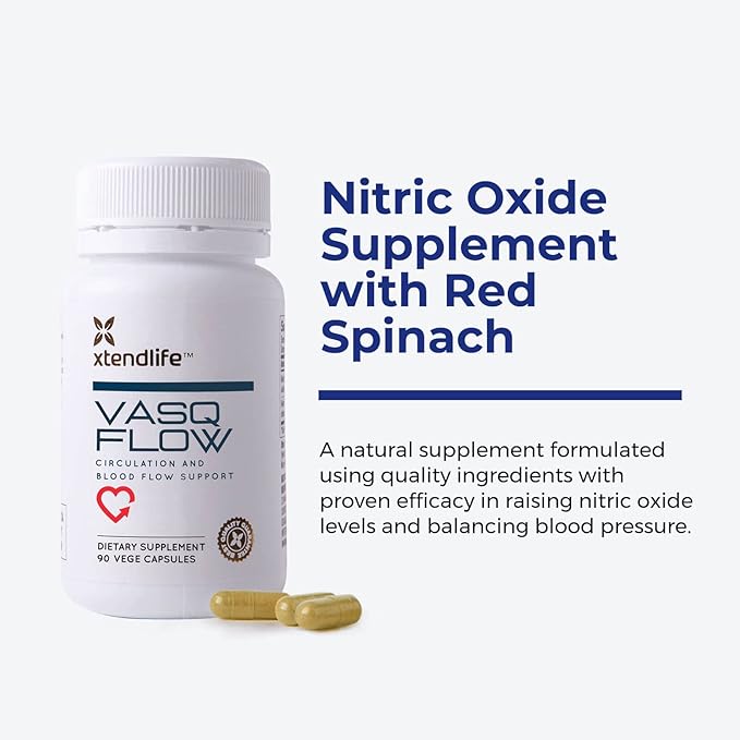 Xtendlife VasQFlow Natural Nitric Oxide Booster Supplement - Circulation & Blood Flow Support with Red Spinach Extract & Aged Garlic - Energy, Heart Health, Muscle Support - 1 Month Supply (90 Count)