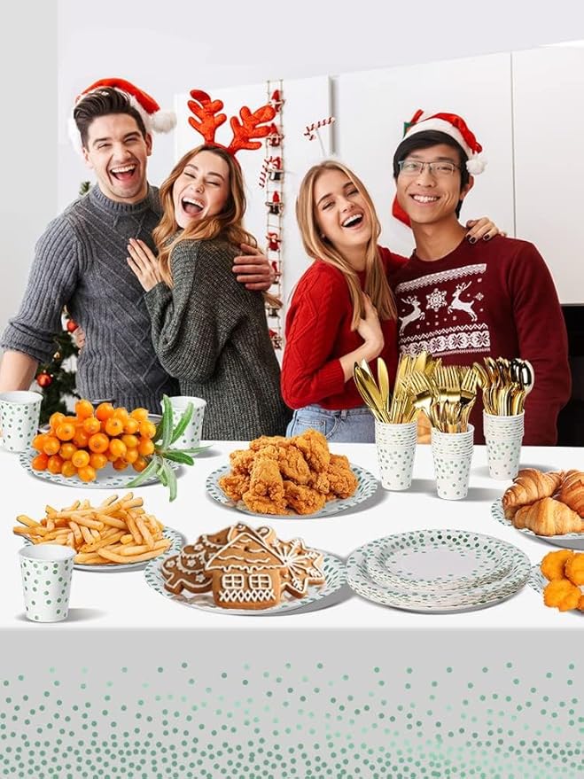 141 Pieces Green Dots Party Supplies, Disposable Party Decorations Sets Include Paper Plates Napkins Cups, Plastic Forks Knives Spoons, for Baby Shower Birthday Wedding -20 Guests