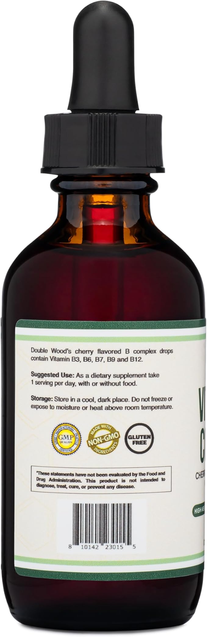Double Wood Supplements Liquid Vitamin B Complex - 2 Month Supply - Max Absorption - B3, B6, B7 (Biotin), B9, and Vitamin B12 - Cherry Flavor - 2 FL OZ