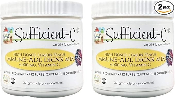 Sufficient-C High Dose Non-GMO Vitamin C - Lemon Peach Immune-Ade Drink Mix 250 Grams - Healthy Hydration Like Never Before (2 Pack)