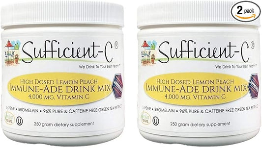 Sufficient-C High Dose Non-GMO Vitamin C - Lemon Peach Immune-Ade Drink Mix 250 Grams - Healthy Hydration Like Never Before (2 Pack)