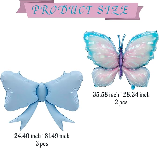 FBQ 5 PCS Blue Balloon Kit Butterfly and Bow Foil Balloons Butterfly Theme for Girl Birthday Baby Shower Wedding Decorations Supplies