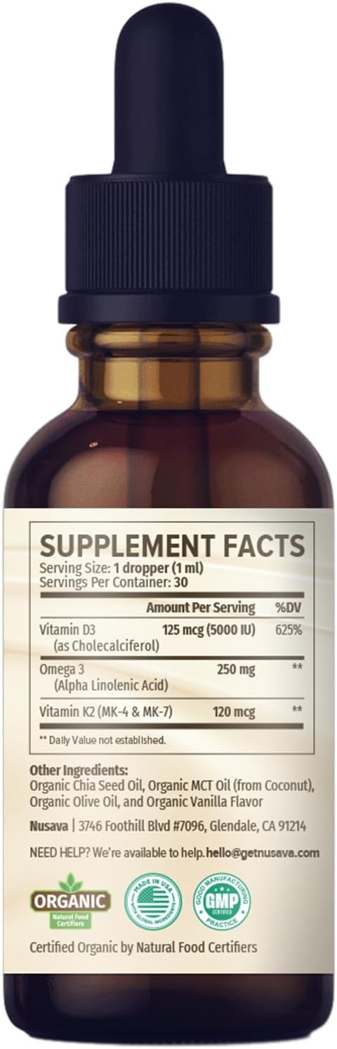 (2 Pack) Organic Vitamin D3 K2 Drops with MCT Oil Omega 3, 5000 IU - Maximum Strength Vitamin D Liquid, No Fillers, Non-GMO Liquid D3 for Faster Absorption and Immune Support (Vanilla, 1 Fl OZ x 2)