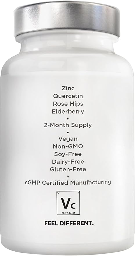 Amen Vitamin C+ Supplement with Zinc, Bioflavonoids, Quercetin, Rose HIPS, Elderberry – Vegan, Non-GMO – 2 Months Supply - 120 Capsules