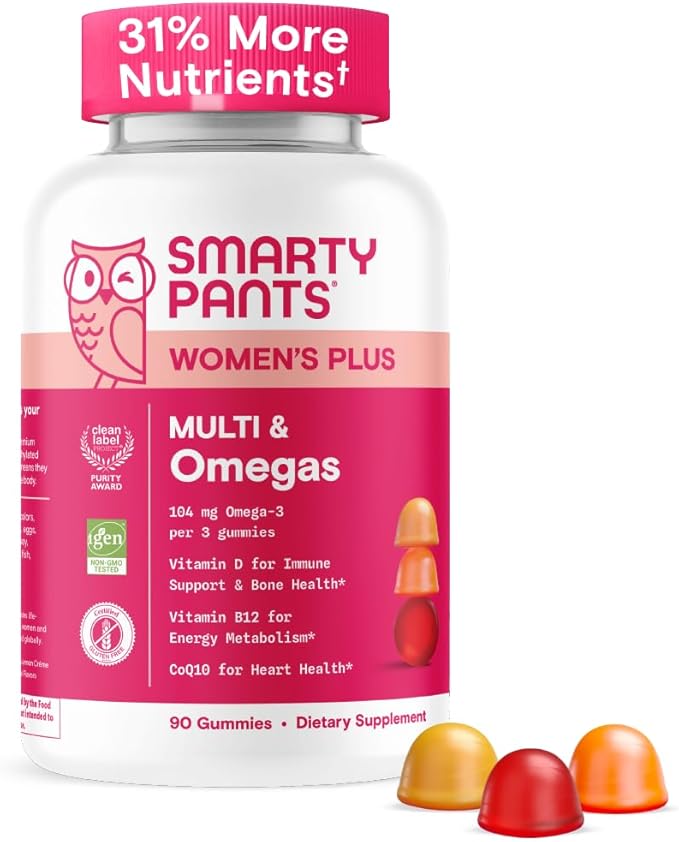 SmartyPants Women's Multivitamin Gummies - Improved Formula: Omega 3 (DHA/EPA), Methylfolate, CoQ10, Vitamin D3, C, Vitamin B12, B6, A, K & Zinc, Inositol, Gluten Free, 90 Count (30 Day Supply)