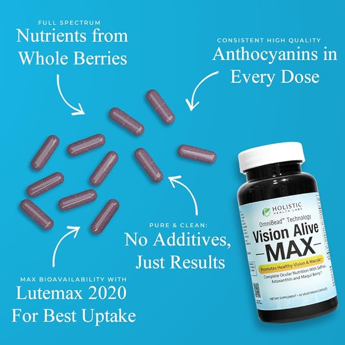 Vision Alive Max with 8 Natural Ingredients Lutemax® 2020, Bilberries, Blueberries, c3g from Black Currant, Maqui Berry, Saffron, and Astaxanthin (30 Count (Pack of 1))