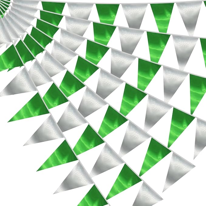 40M/130FT Green Silver Triangle Pennant Banner Flag Metallic Fabric Bunting Garland for Christmas Graduation Wedding Engagement Anniversary Bachelorette Birthday Bridal Shower Hen Party Supplies