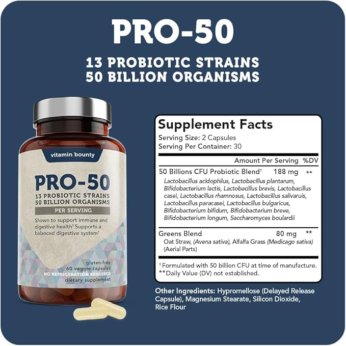 Vitamin Bounty Pro-50 Probiotics 50 Billion CFU for Women & Men - 13 Multi Strain Probiotic + Prebiotic - Digestive Health Supplements for Gut Health Support - Delayed Release Capsules for Men & Women