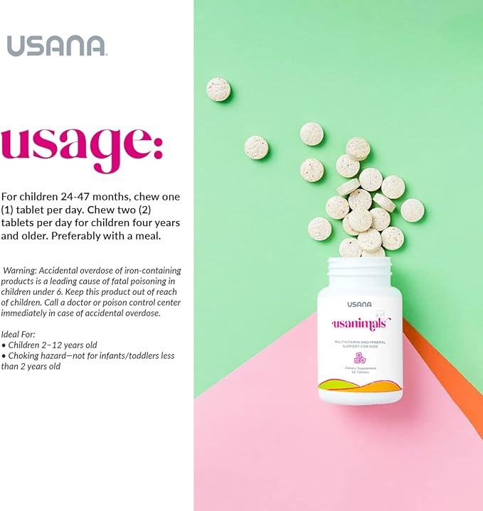 USANA Usanimals Multivitamin for Kids - Daily Chewable Tablets with Vitamins A, C, D, E, B6, B12, Zinc, Iron - Supports Immune, Bone & Brain Health - Essential Nutrients for Ages 2-12 - 56 Tablets