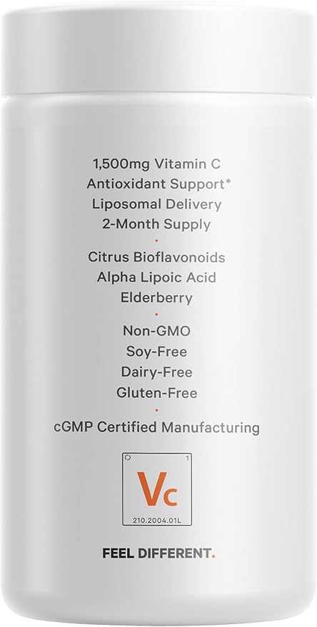 Codeage Liposomal Vitamin C 1500mg with Zinc, Elderberry, Citrus Bioflavonoids Grapefruit, Lemon, Orange Powder, Quercetin & Rose HIPS Fruit – Vegan Supplement - Non-GMO, Vegan Pills, 180 Capsules