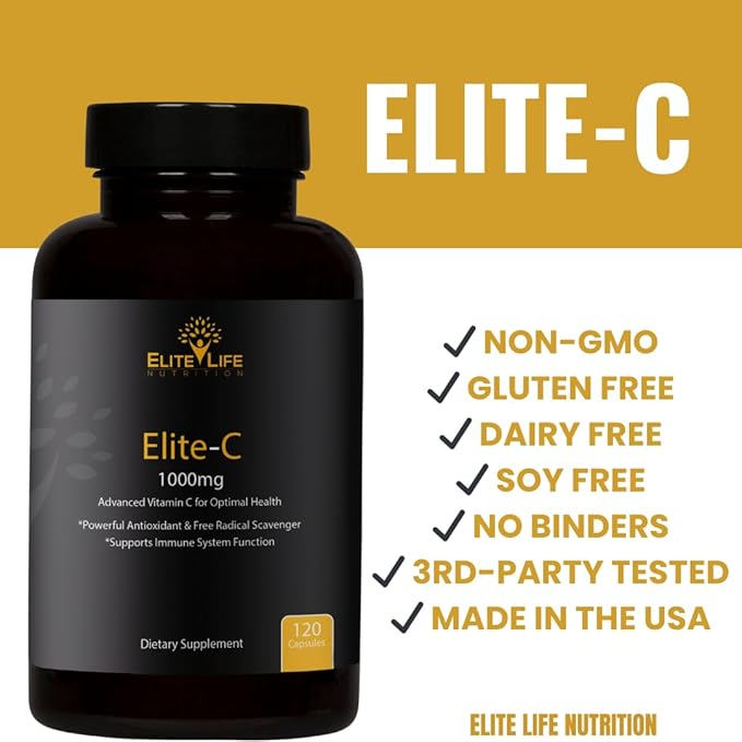 Elite-C – 1000mg of Pure, Non-Acidic Vitamin C – Buffered, High-Absorption, USA-Sourced & Made – Grape Seed, Rosehip, Rutin, Acerola – Clean, Non-GMO, Bioavailable Immune Support, 120 Capsules