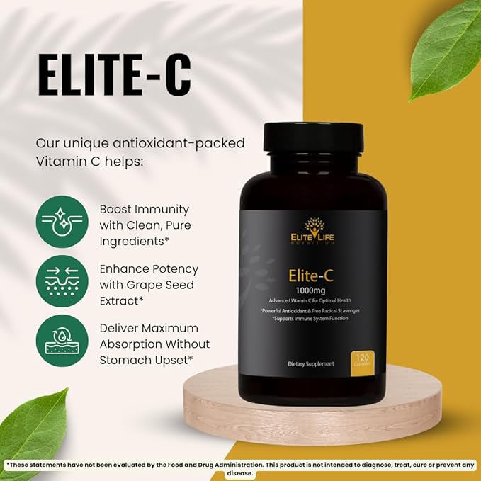 Elite-C – 1000mg of Pure, Non-Acidic Vitamin C – Buffered, High-Absorption, USA-Sourced & Made – Grape Seed, Rosehip, Rutin, Acerola – Clean, Non-GMO, Bioavailable Immune Support, 120 Capsules