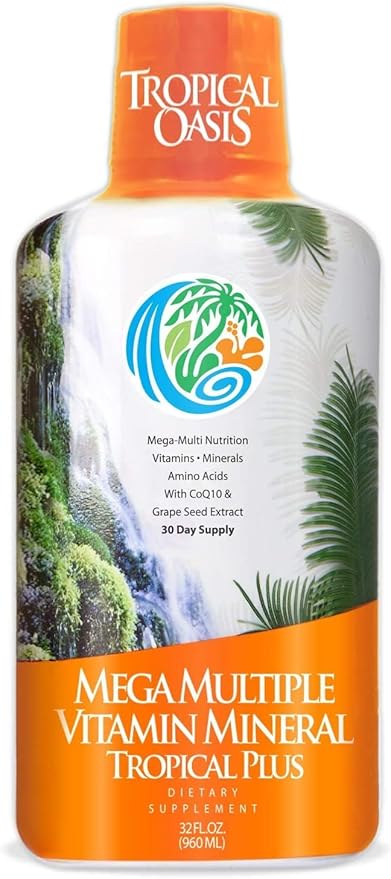 Tropical Oasis Mega Plus - Liquid Multivitamin and Mineral Supplement – Includes 85 Vitamins & Minerals, 20 Amino Acids + CoQ10, Grape Seed Extract & Organic Aloe Vera - 32oz, 32 Servings, 33460