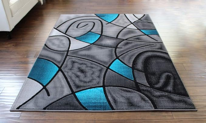 Masada Rugs, Modern Contemporary Area Rug, Turquoise Grey Black (6 Feet X 9 Feet)