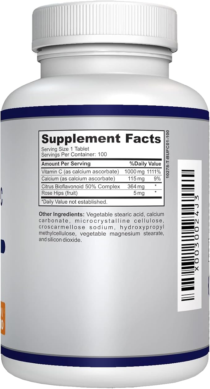 Buffered Vitamin C 1000mg for Support of Immune Health, 100 buffered Non-GMO Tablets, 100-day Supply