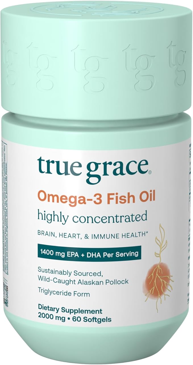 True Grace Omega-3 Fish Oil - 60 Softgels - 1400 mg EPA + DHA - Brain, Heart, Joint & Immune Health - Organic, Gluten Free, Soy Free