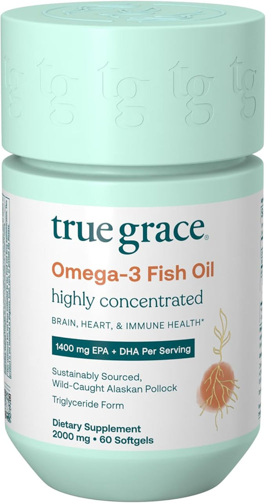 True Grace Omega-3 Fish Oil - 60 Softgels - 1400 mg EPA + DHA - Brain, Heart, Joint & Immune Health - Organic, Gluten Free, Soy Free