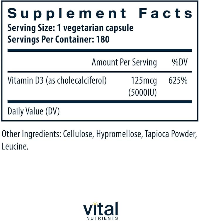 Vital Nutrients Vitamin D 5000 IU | Vitamin D3 Supplement | Healthy Bones, Teeth, Muscles*| Cellular & Immune Function | Calcium Absorption | Gluten, Dairy and Soy Free | 180 Capsules